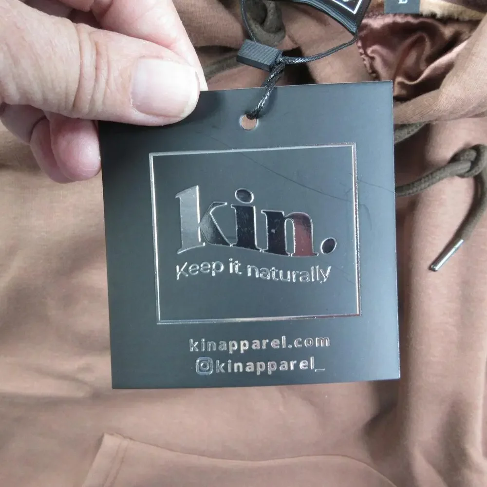 Kin. Hoodie Mens L Brown Pullover Hooded Pockets Satin Lined Embroidered NWT